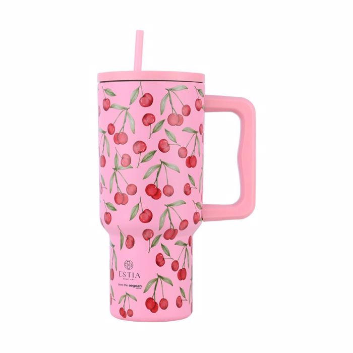 ESTIA ThERMOS STRAW TUMBLER XL SAVE THE AEGEAN 900ml CHERRY ROSE