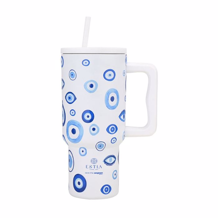 ESTIA ThERMOS STRAW TUMBLER XL SAVE THE AEGEAN 900ml BLUE EYE