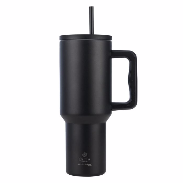 ESTIA ThERMOS STRAW TUMBLER XL SAVE THE AEGEAN 1200ml MIDNIGHT BLACK