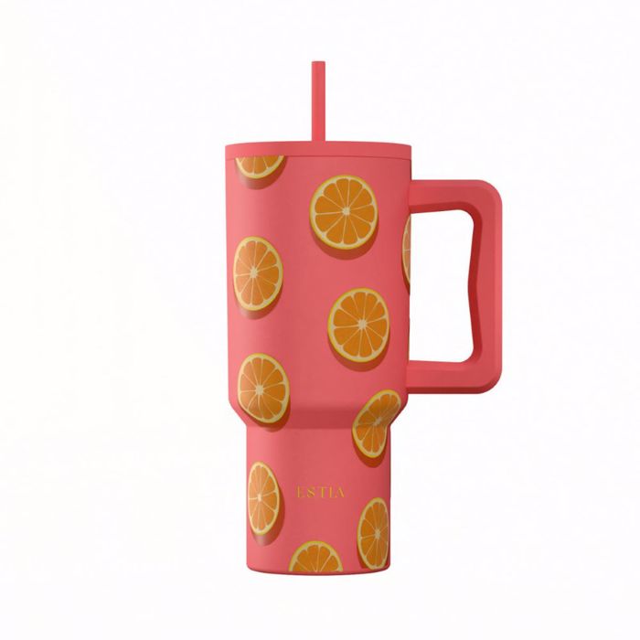 ESTIA ThERMOS STRAW TUMBLER XL SAVE THE AEGEAN 900ml ORANGE POP